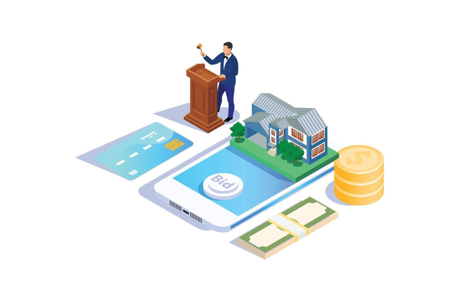 Isometric Online Auction Illustration, Web Banners, Suitable for Diagrams, Infographics, Book Illustration, Game Asset, And Other Graphic Related Assets vector