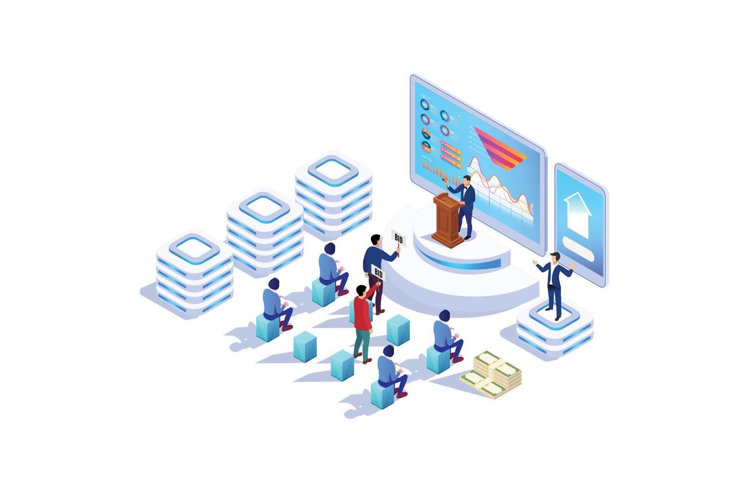 Isometric Online Auction Illustration, Web Banners, Suitable for Diagrams, Infographics, Book Illustration, Game Asset, And Other Graphic Related Assets vector