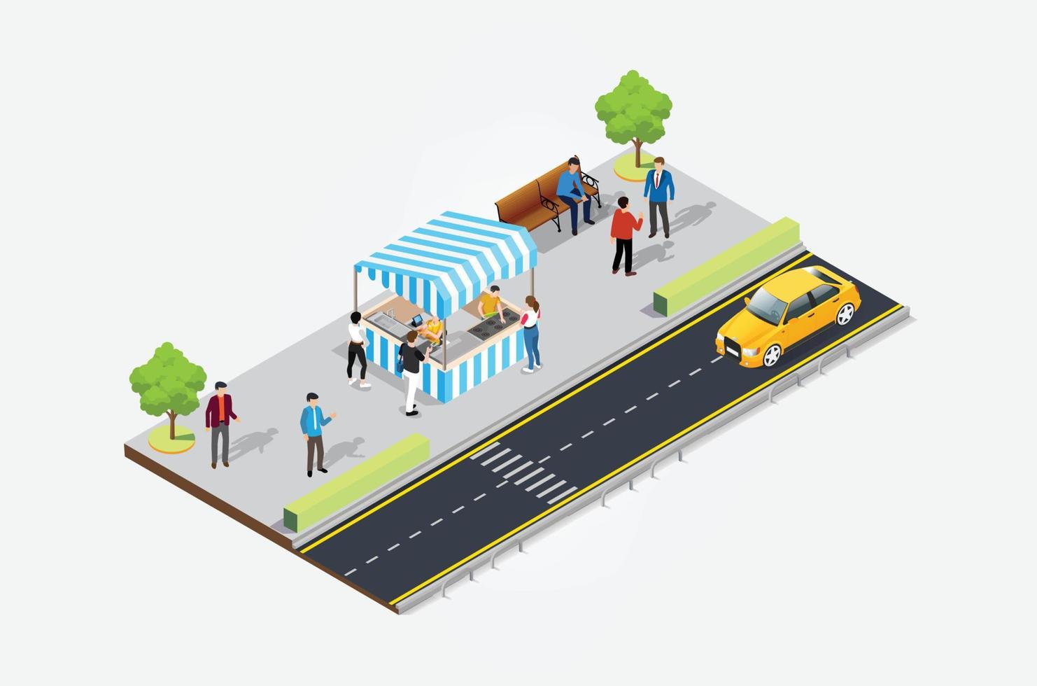 Isometric Street food cafe tent with busy shoppers on the sidewalk. Suitable for Diagrams, Infographics, And Other Graphic asset vector