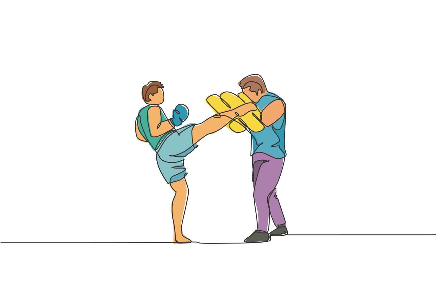 dibujo de una sola línea continua de un joven deportista haciendo ejercicio de kickboxer con entrenador personal y saco de boxeo en el pabellón deportivo. lucha contra el concepto de deporte de kickboxing. ilustración de vector de diseño de dibujo de una línea