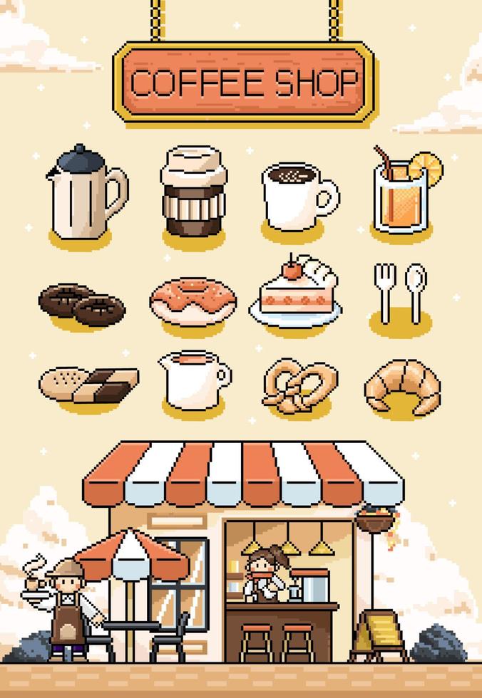 linda retro píxel Arte de café pequeño restaurante fachada y varios comida y bebida elementos vector
