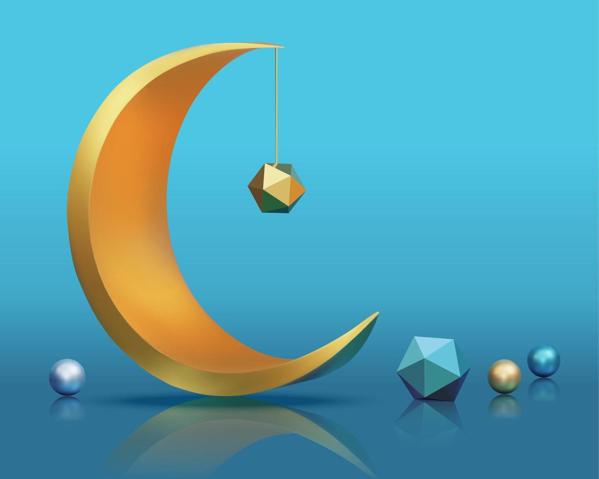 3d modern metallic moon decors with sphere and polyhedron shapes vector