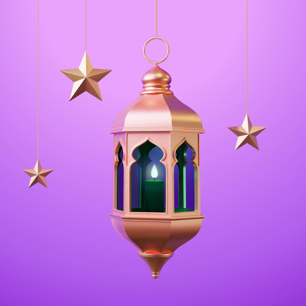 oro colgando islámico fanático linterna y estrella decoración. 3d Ramadán elementos aislado en blanco antecedentes. vector