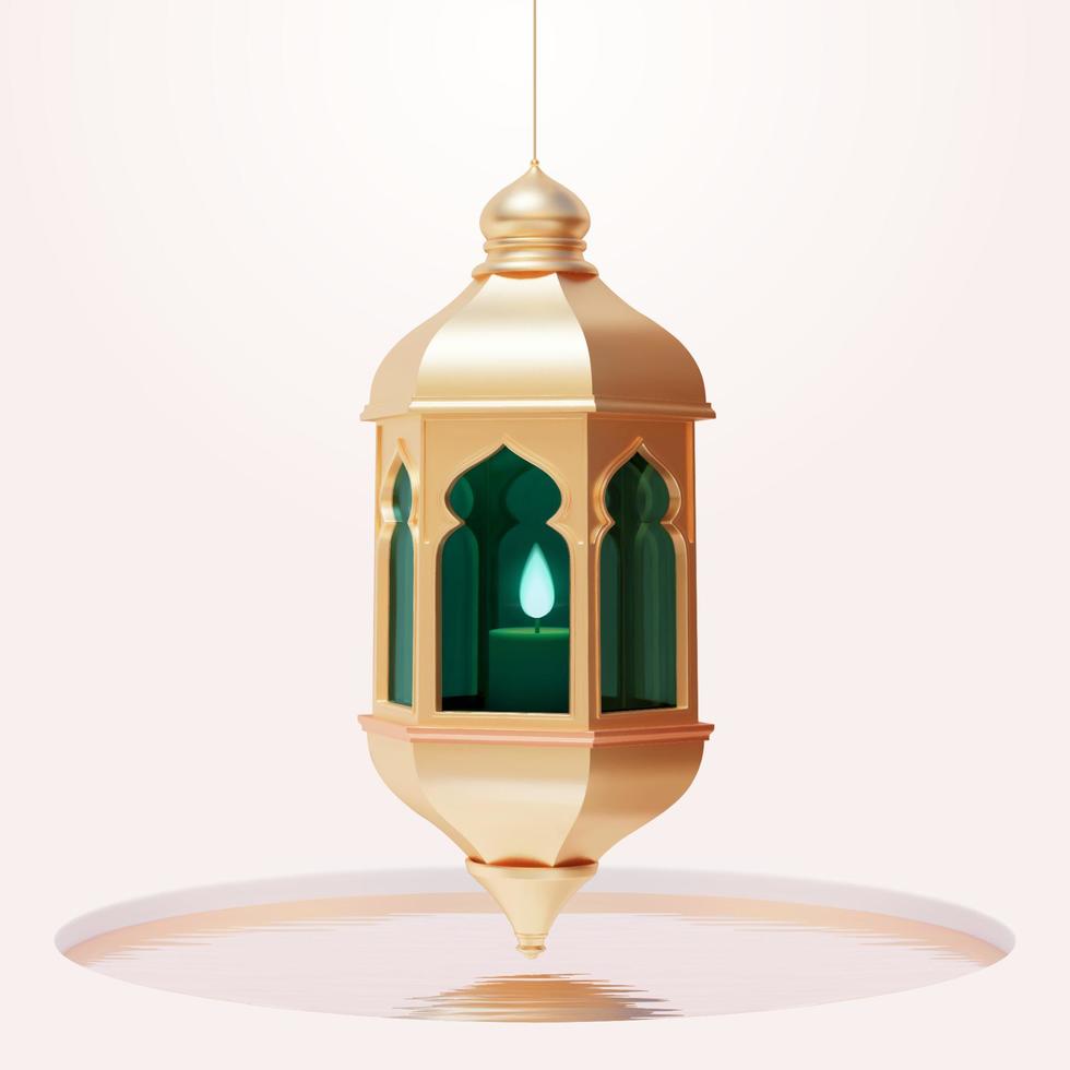 Gold Islamic fanous lantern hanging above a circle water pond. 3d Ramadan elements isolated on white background. vector