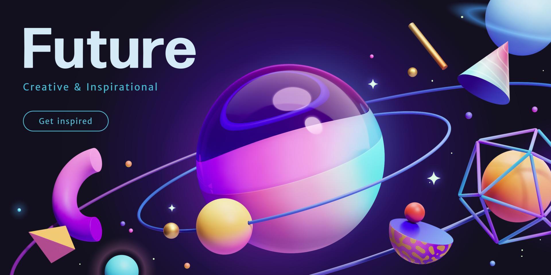 3d futuristic neon space banner template. Composition of little geometric shapes orbiting a huge glass sphere. vector