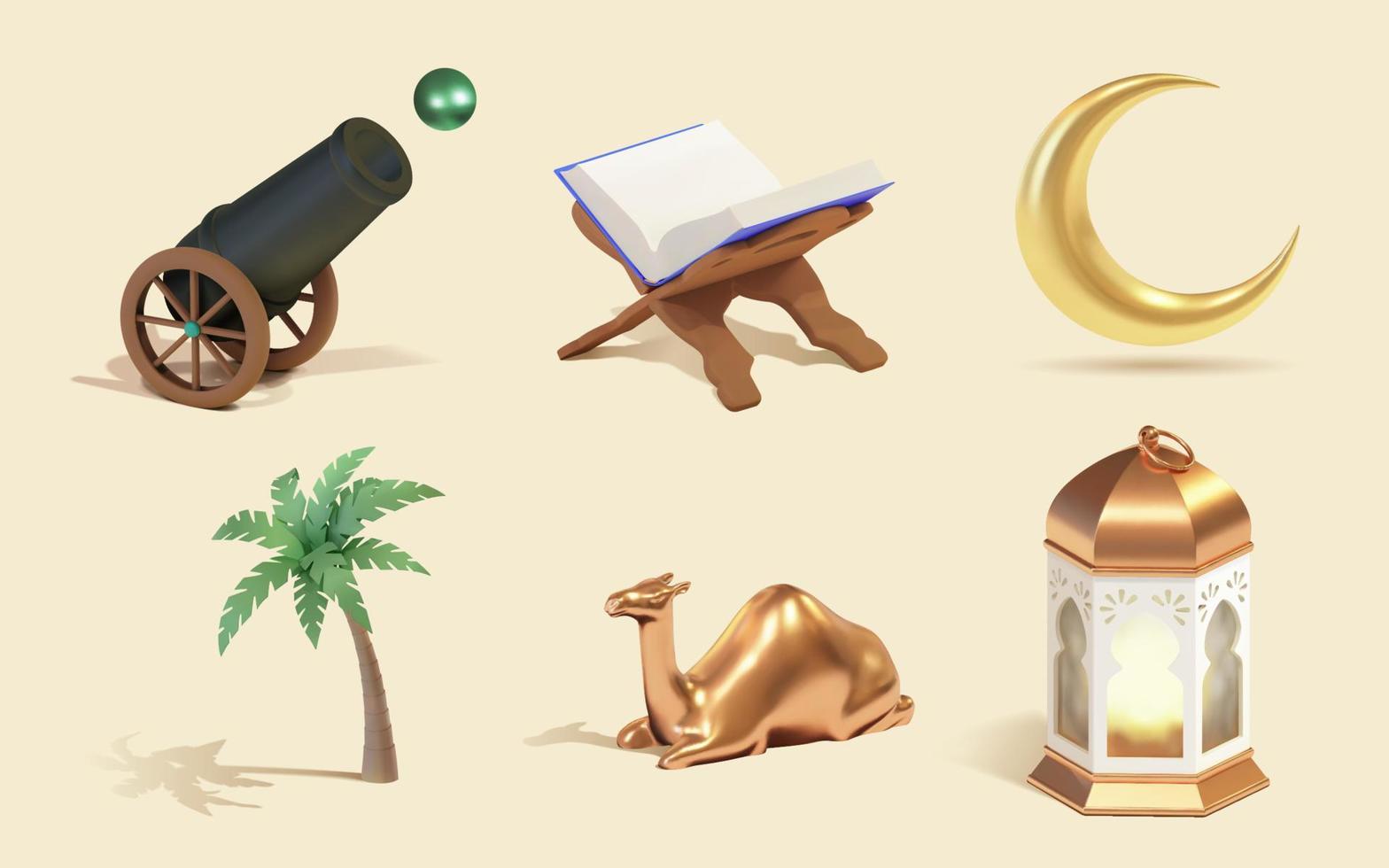 3d cartoon Islamic decor object element set, including iftar cannon, quran with book stand, crescent moon, palm tree, metal camel toy and fanoos lantern. Isolated on yellow background. vector