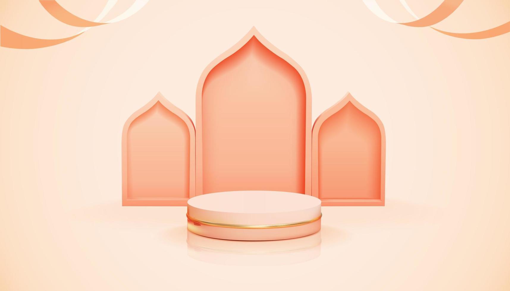 3d pink fashion product display background for Muslim holiday. Round podium with Islamic door frame and ribbons. vector