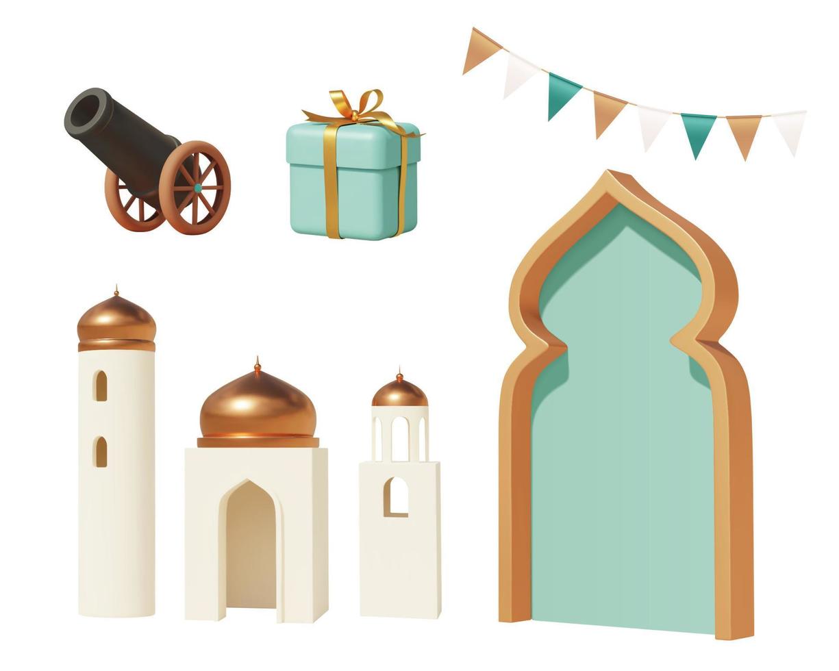 3d cartoon Islamic holiday objects, including iftar cannon, mosque tower models, gift box, Arabic arch door decor and bunting flag. Elements isolated on white background. vector