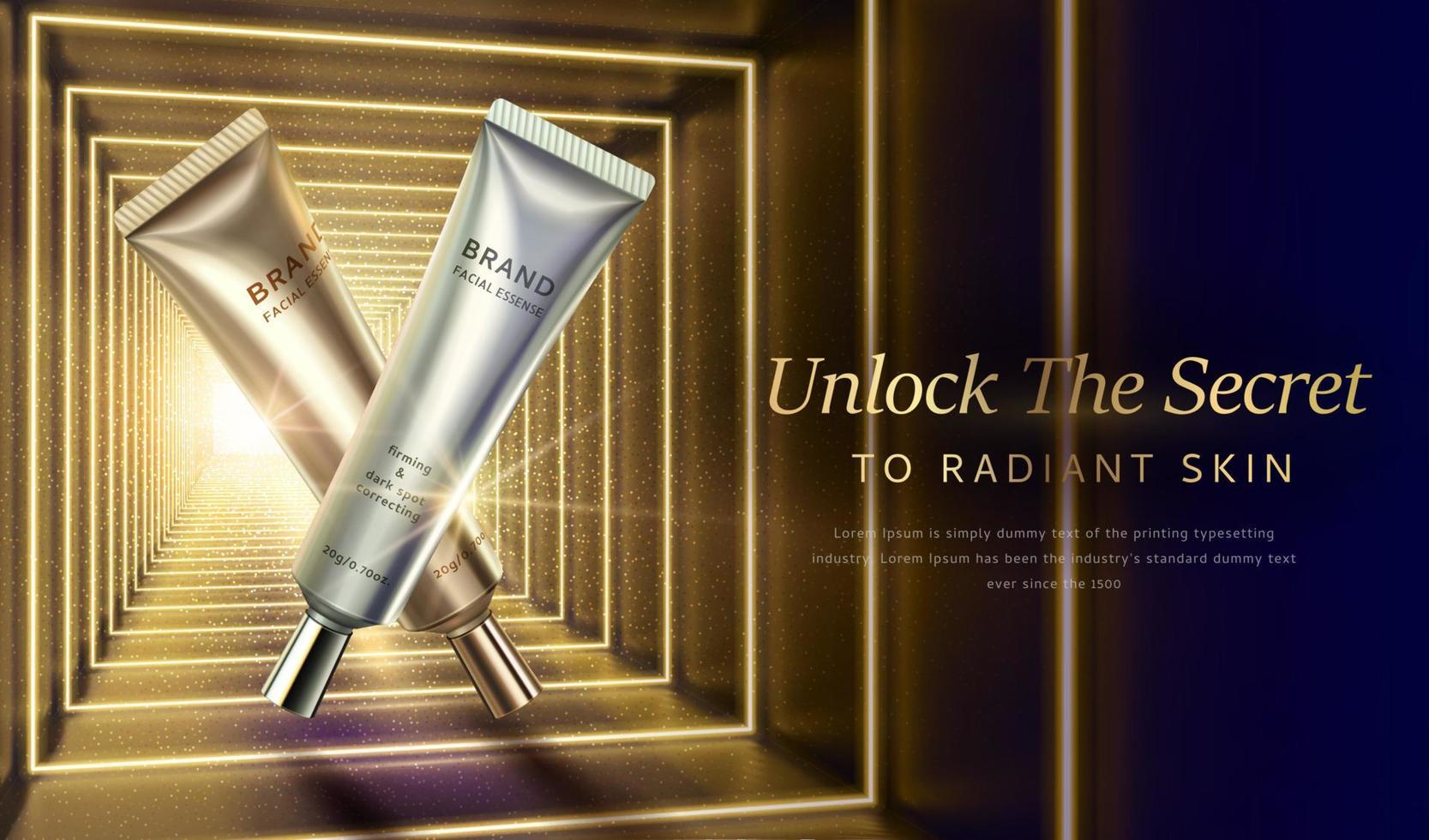 3d glamorous and luxury cosmetic product ad template. Plastic cream tube displayed in a golden neon light tunnel. vector