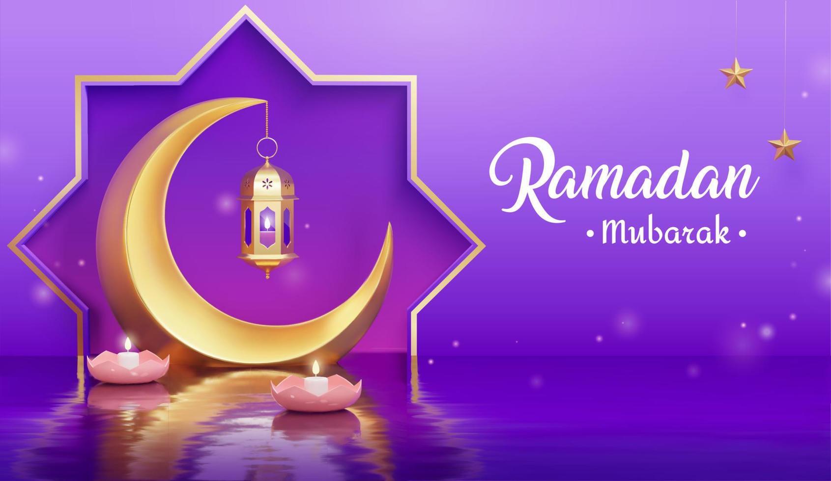 3d Islamic holiday banner template. Crescent moon with a fanoos lantern and white candles floating on water surface. Concept of faith and holiness. vector