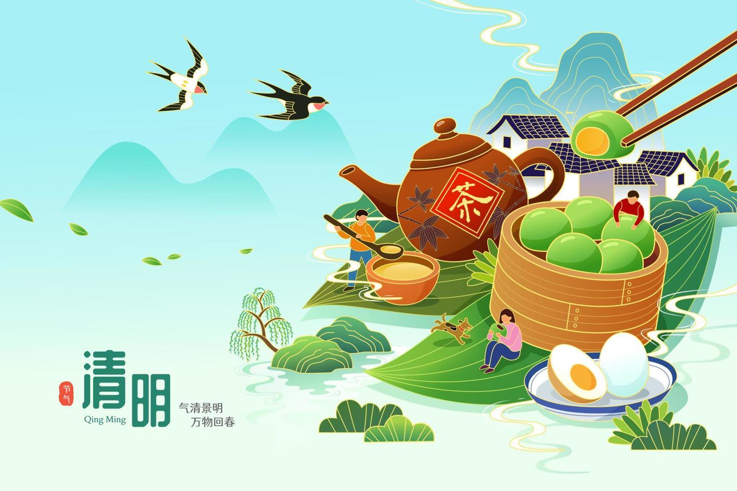 Asians eating cold food such as green rice balls, boiled eggs during Qing Ming Festival. Translation, Qingming Festival. The clearness and brightness of spring scenery bring all things back to life. vector