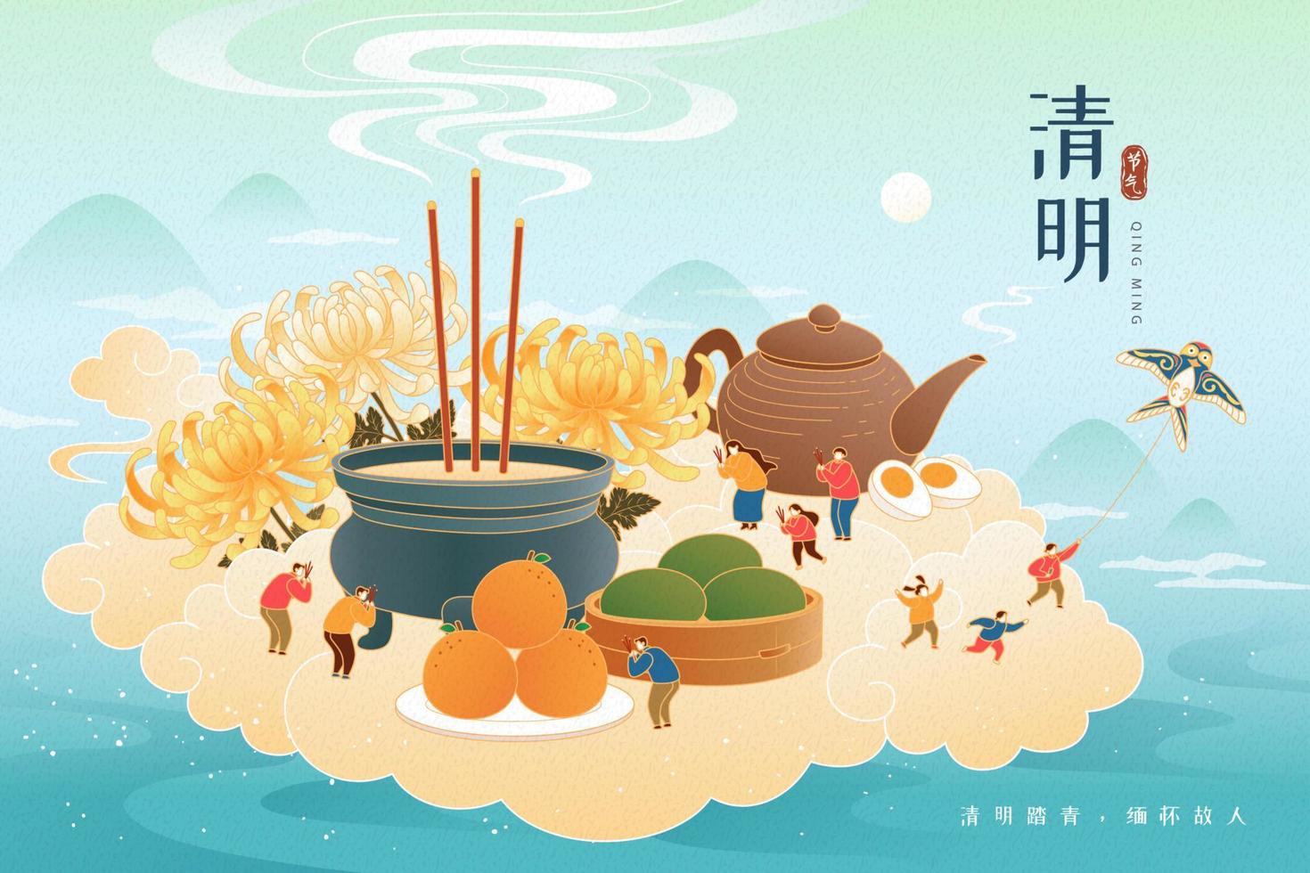 Tomb sweeping festival card. Miniature Asian people worshiping ancestors, flying kite, eating qingtuan on Qingming Festival. Translation, Cing Ming. Cherishing the memory of the deceased. vector