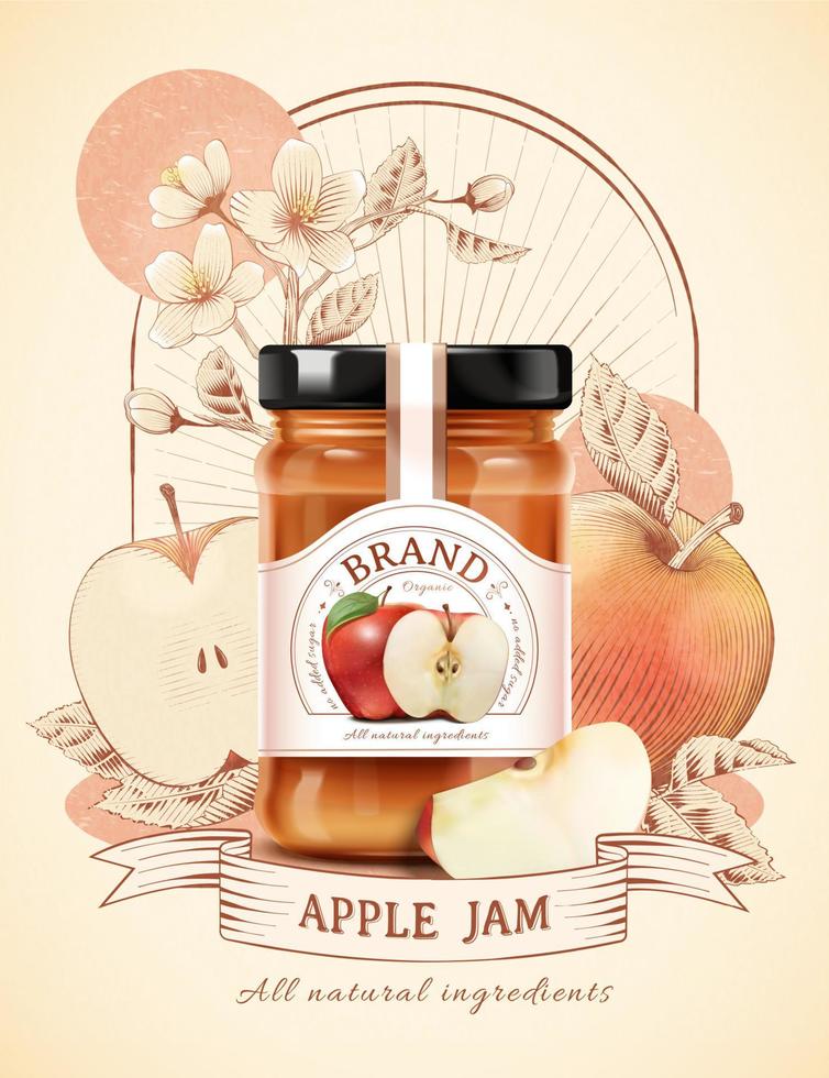 Vintage elegant apple jam ad template. Composition of 3d glass jar with engraving apple and flower sketches. vector