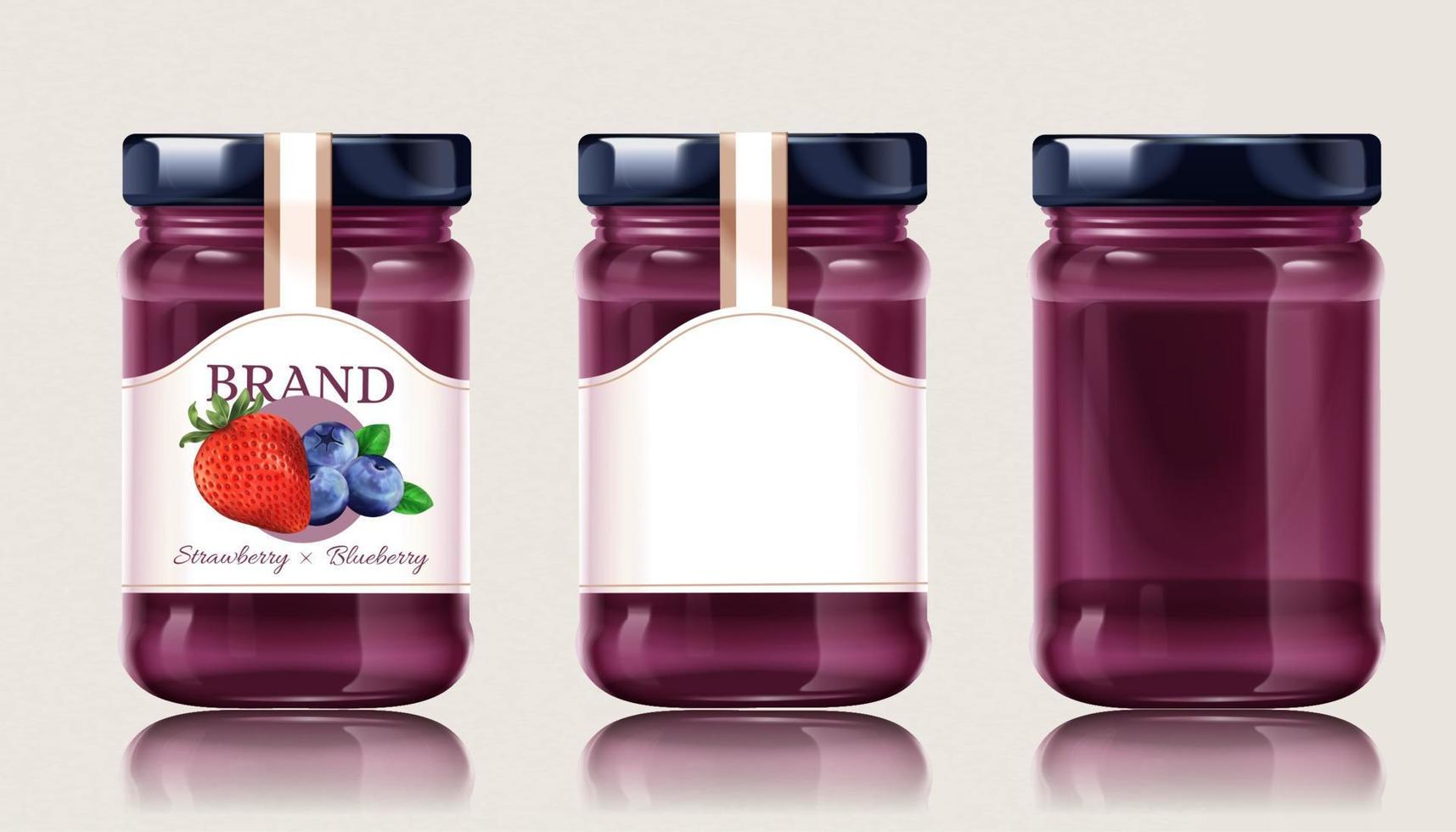 Mixed fruit jam in glass jars, isolate on beige background. 3d handmade organic jam package design. vector