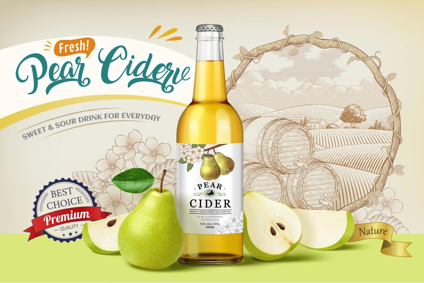 Pear cider banner ad. 3D Illustration of pear cider bottle with pear fruit and its wedges on retro engraving field background vector