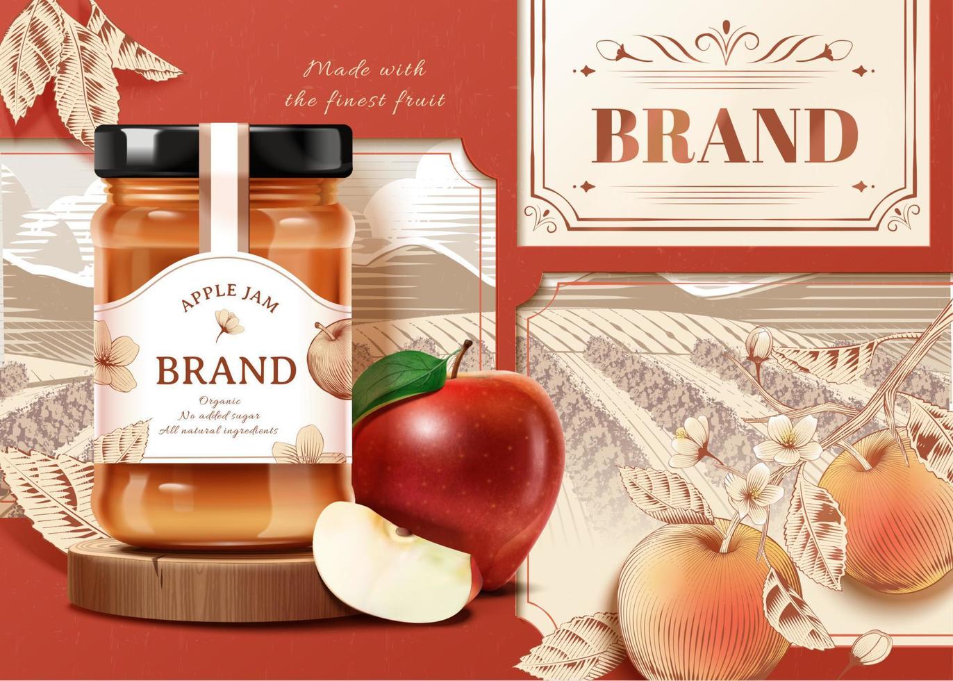 Vintage apple jam ad template. 3d glass jar mockup on wooden stage with realistic fruit and engraving farm field background. vector
