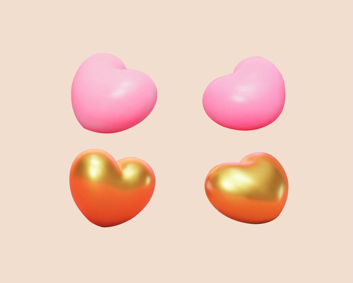3d pink and gold heart shape toy collection with different angles. Isolated on light yellow background. Suitable for Valentine's Day or other holiday decoration. vector