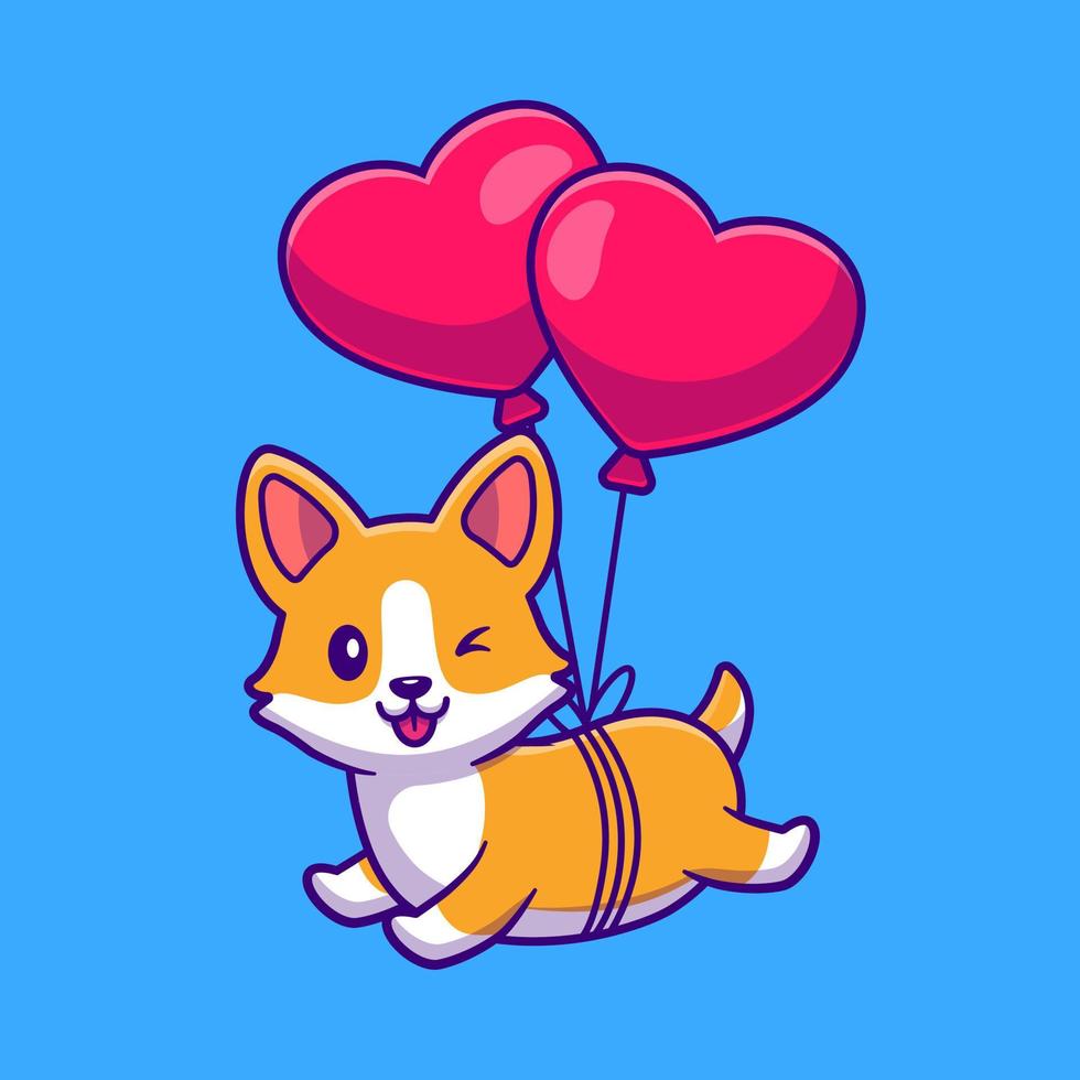 corte corgi perro flotando con corazón amor globo dibujos animados vector icono ilustración. concepto de icono de amor animal vector premium aislado. estilo de dibujos animados plana