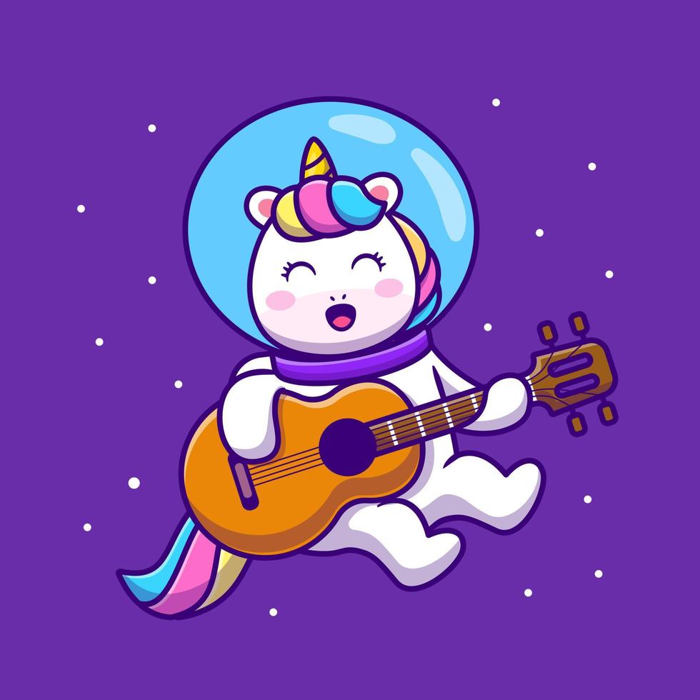 Cute Unicorn Astronaut Playing Guitar Cartoon Vector Icon Illustration. Animal Music Icon Concept Isolated Premium Vector. Flat Cartoon Style