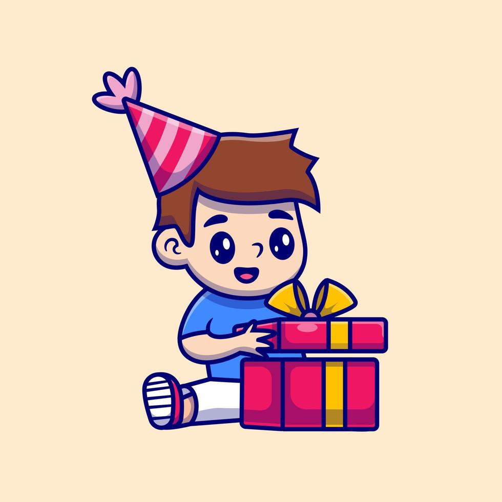 Cute Boy Open Birthday Gift Cartoon Vector Icon Illustration. People Birthday Icon Concept Isolated Premium Vector. Flat Cartoon Style