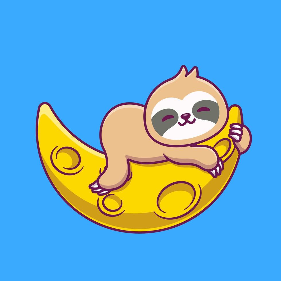 Cute Sloth Sleeping On Sickle Moon Cartoon Vector Icon Illustration. Animal Nature Icon Concept Isolated Premium Vector. Flat Cartoon Style