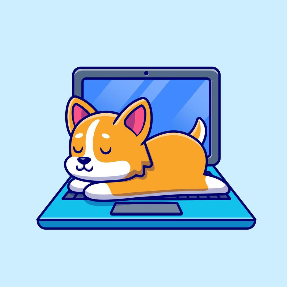 Cute Corgi Dog Sleeping On Laptop Cartoon Vector Icon Illustration. Animal Technology Icon Concept Isolated Premium Vector. Flat Cartoon Style