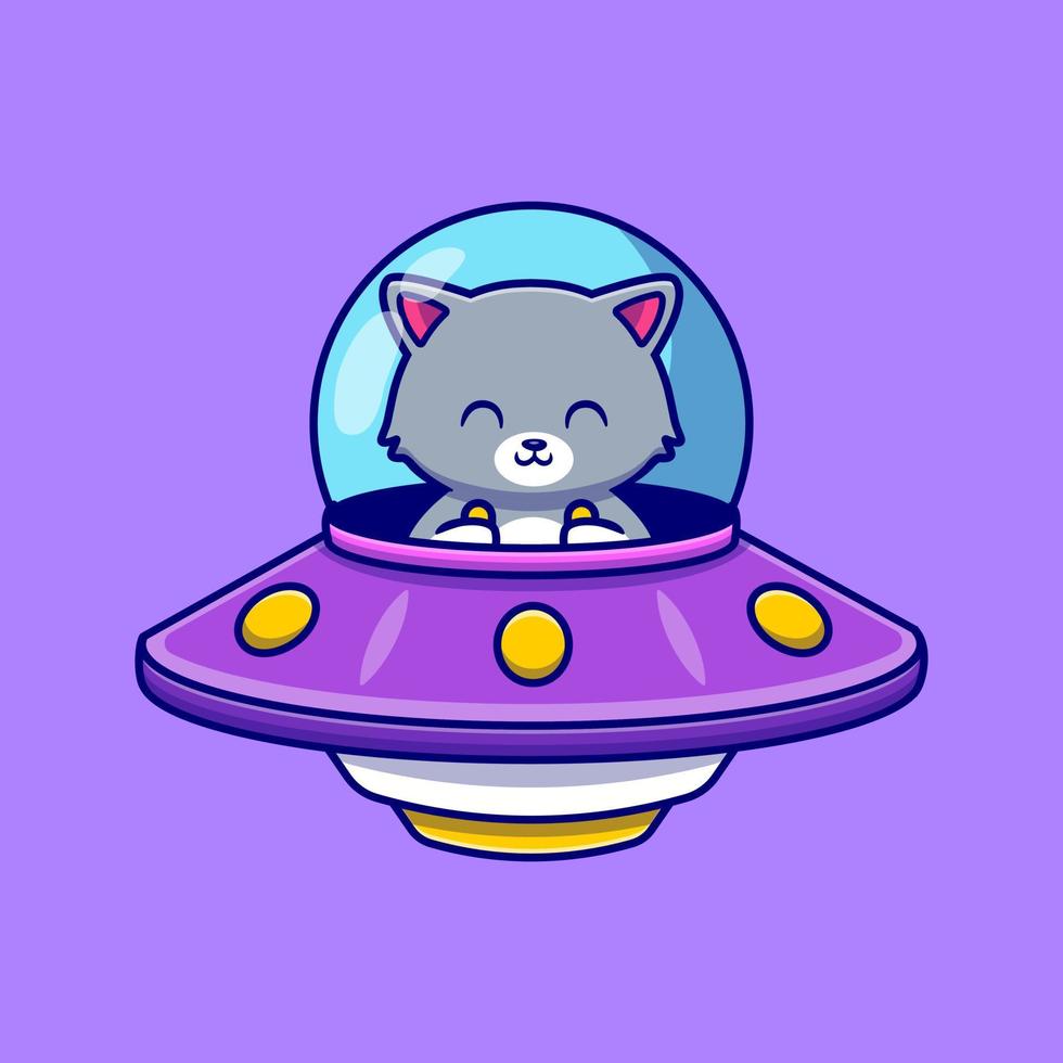 Cute Cat Driving Spaceship Ufo Cartoon Vector Icon Illustration. Animal Technology Icon Concept Isolated Premium Vector. Flat Cartoon Style