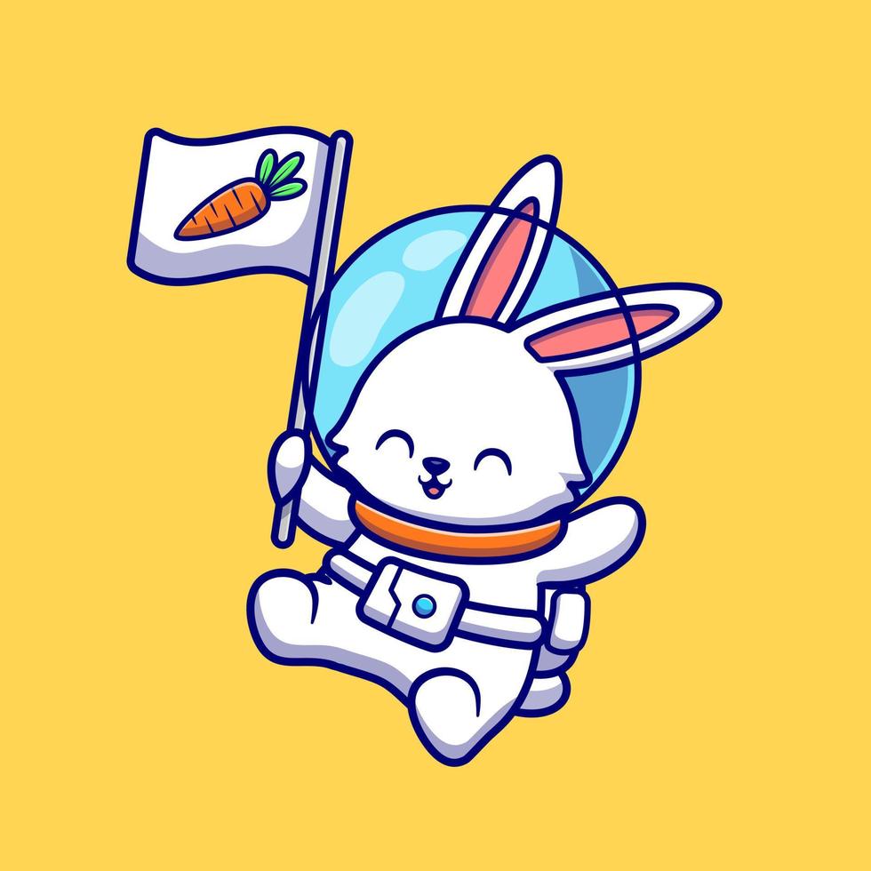 Cute Rabbit Astronaut Floating With Carrot Flag Cartoon Vector Icon Illustration. Animal Technology Icon Concept Isolated Premium Vector. Flat Cartoon Style