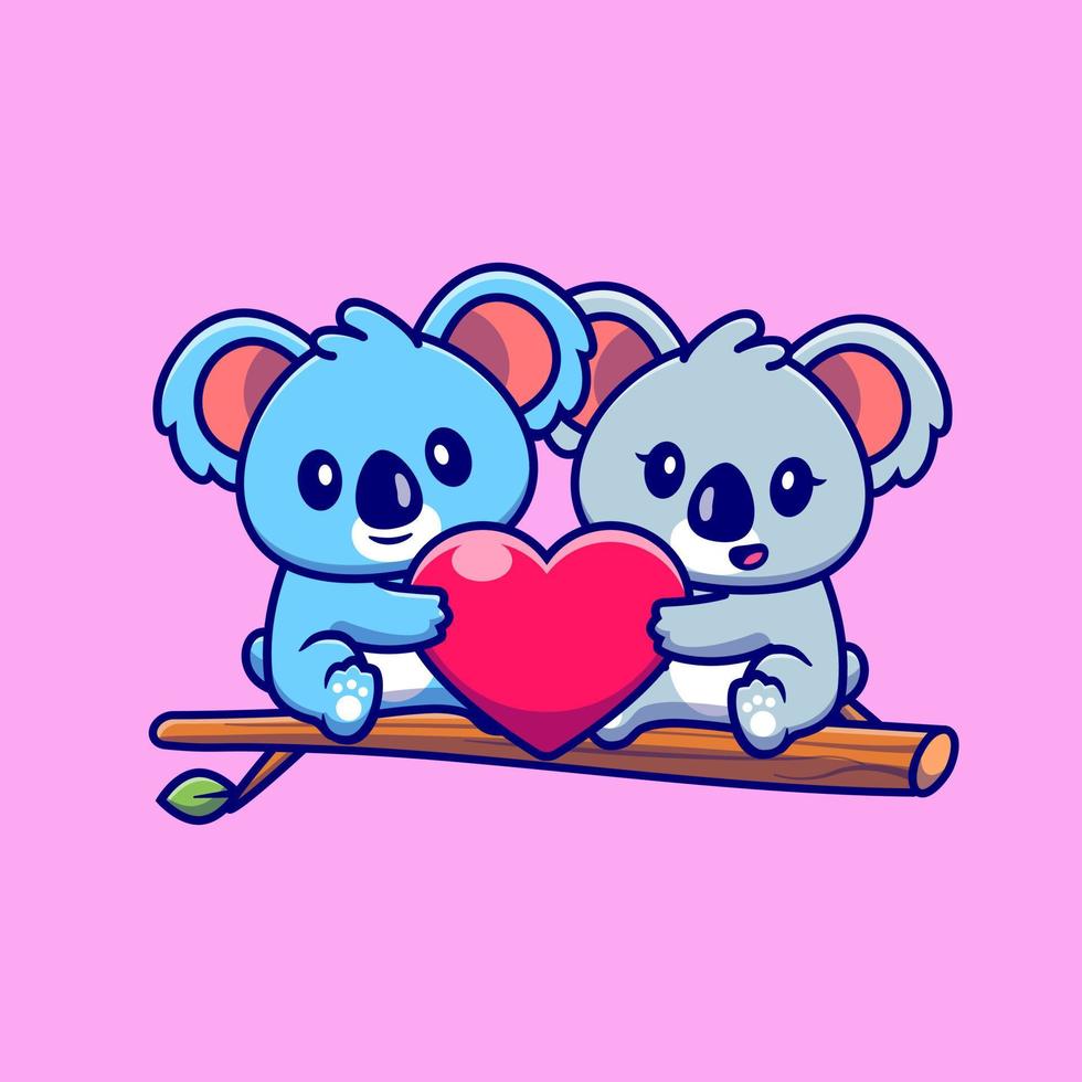 Cute Koala Couple Holding Heart On Tree Cartoon Vector Icon Illustration. Animal Couple Icon Concept Isolated Premium Vector. Flat Cartoon Style