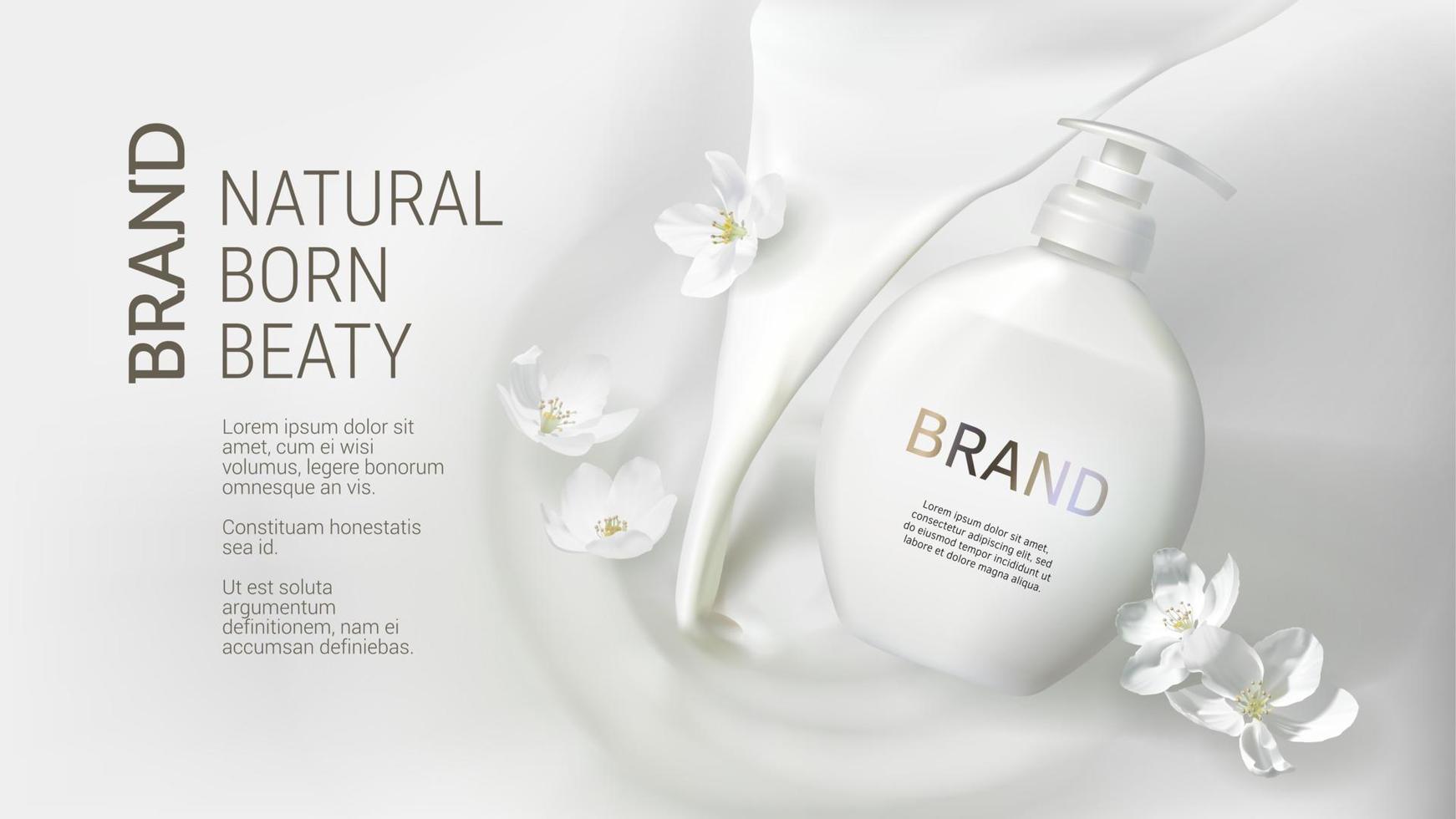 Cosmetic poster with pouring milk and jasmine soap vector