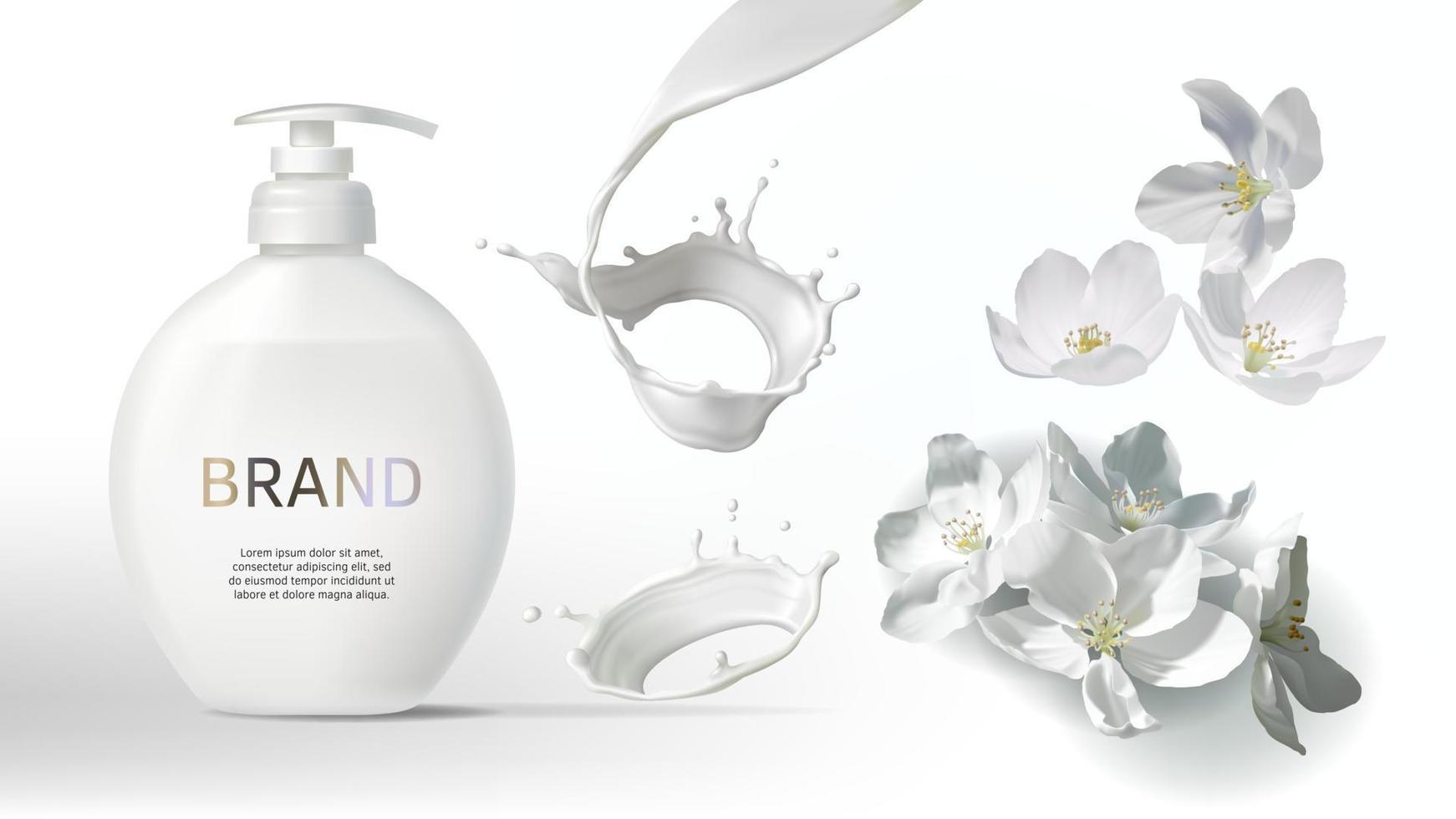 Cosmetic realistic vector with milk swirl, jasmine