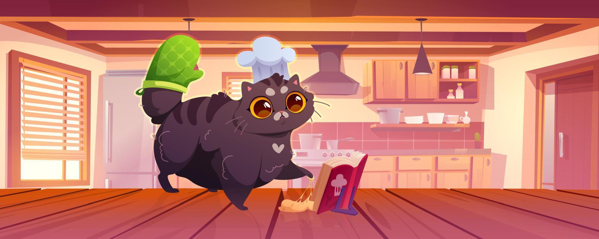 Funny cat cooking on kitchen interior, cute kitten vector