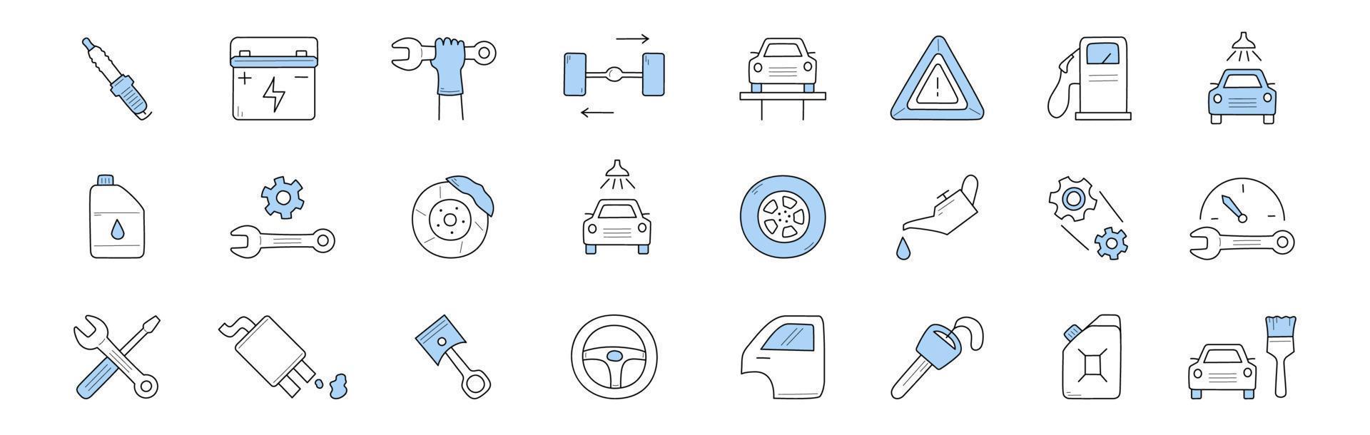 iconos de garabatos de servicio de coche, signos de vectores de reparación de automóviles