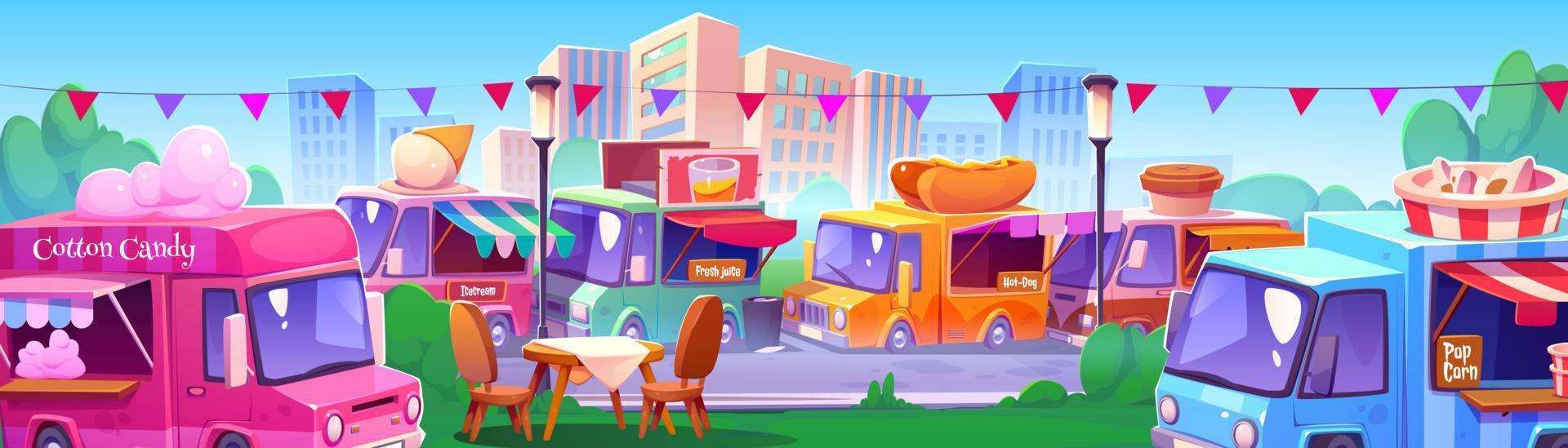calle comida mercado en ciudad parque con comida camiones vector
