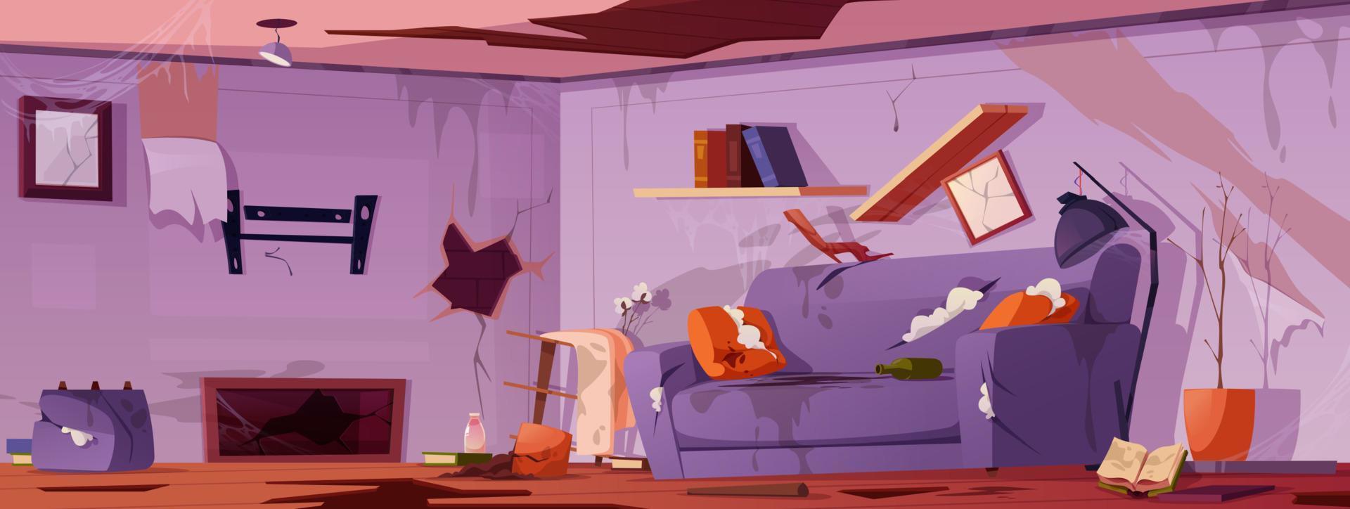 Old broken living room interior. Abandoned house vector