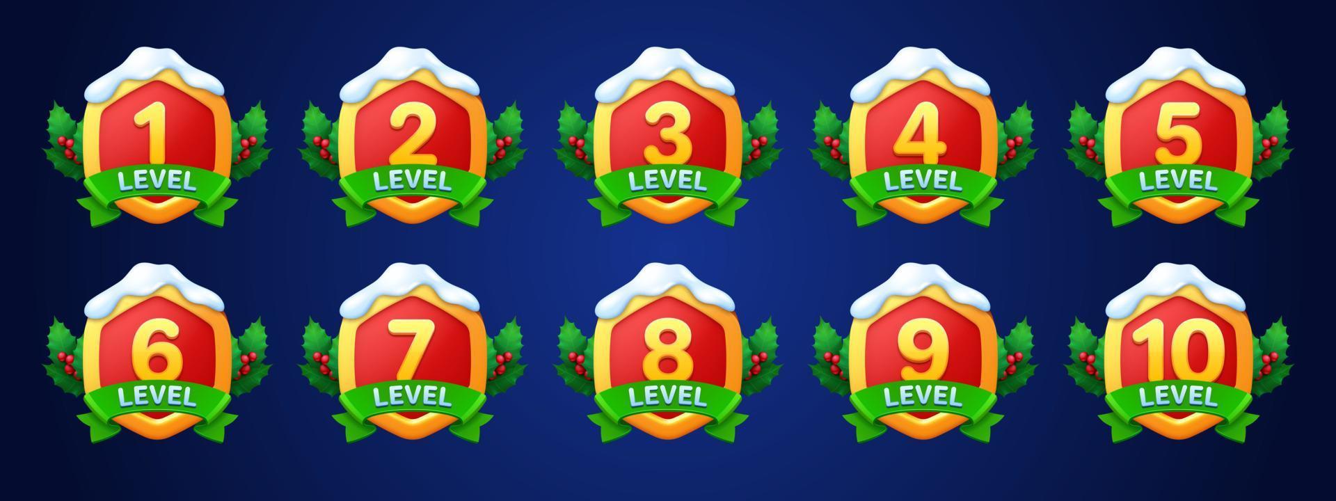 Game badges with level number, holly berry, leaves vector