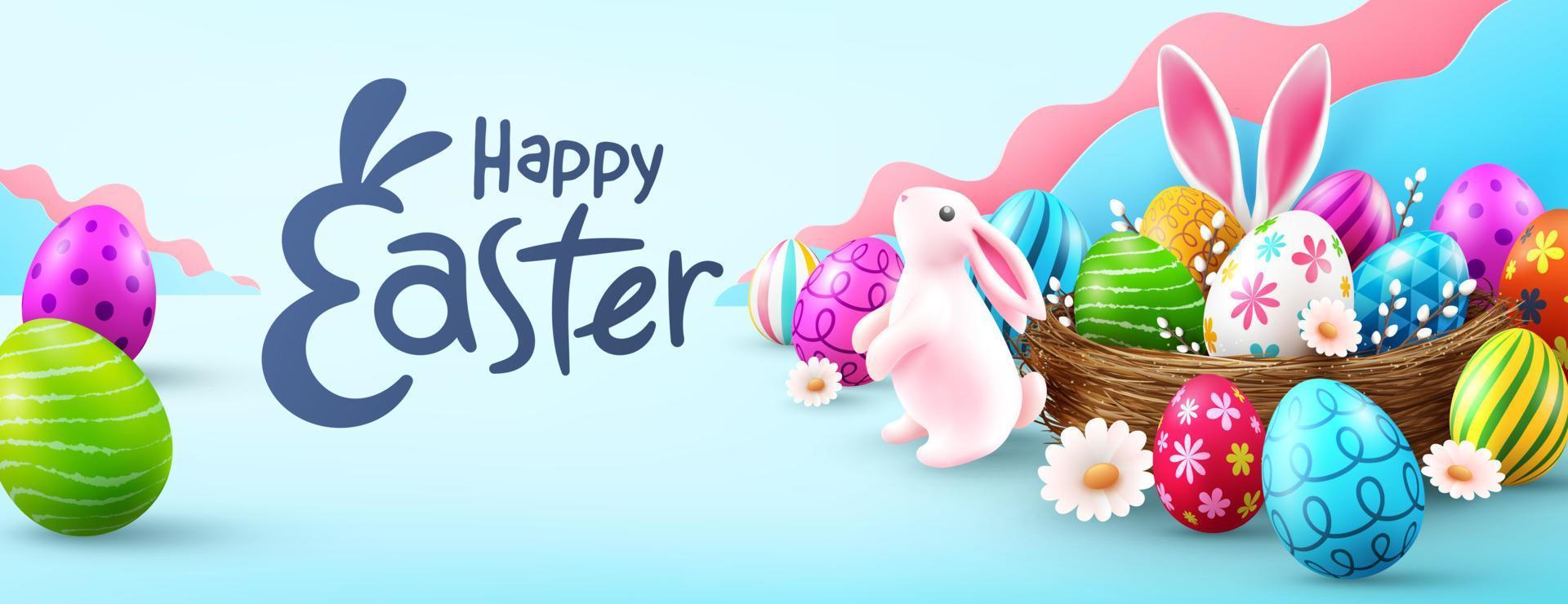 Easter poster and banner template with Cute Bunny and Easter eggs in the nest. Greetings and presents for Easter Day .Promotion and shopping template for Easter vector