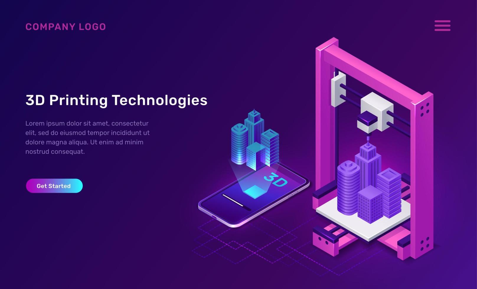 3D printer technology, isometric concept vector