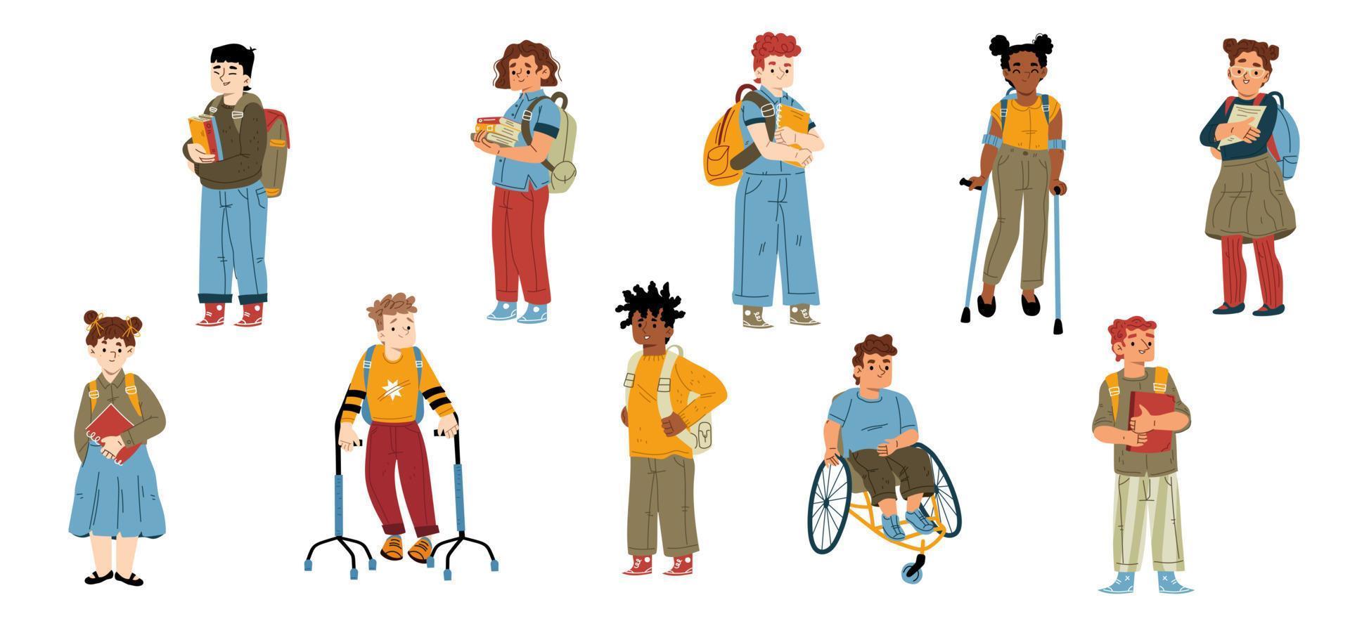Disabled and healthy kids students, children set vector