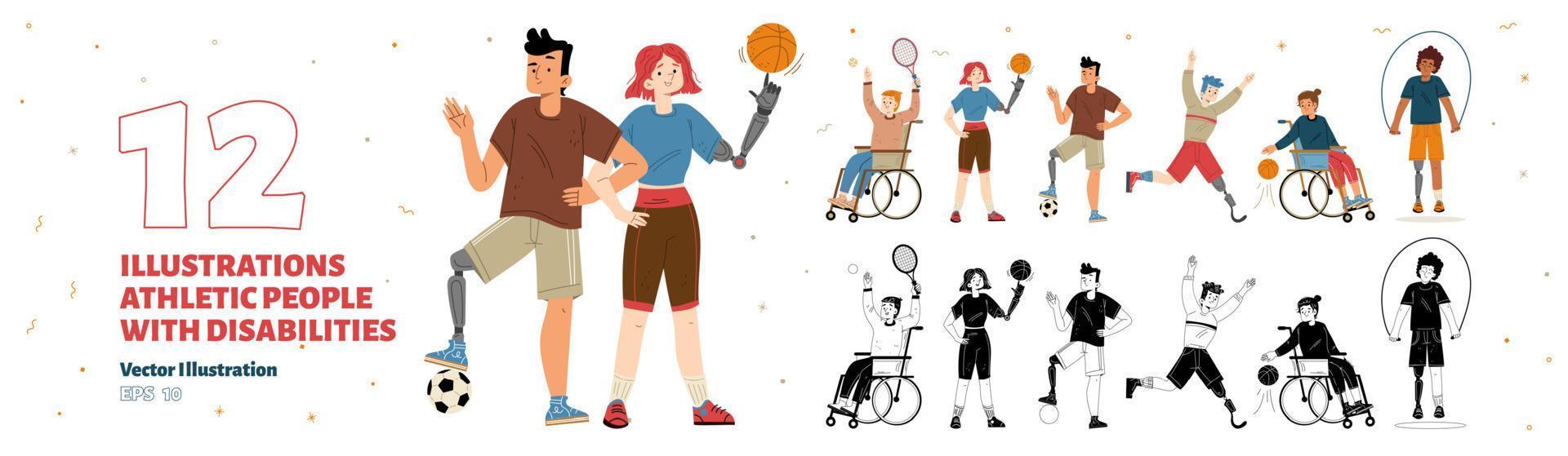 Set of athletic people with disabilities, athletes vector