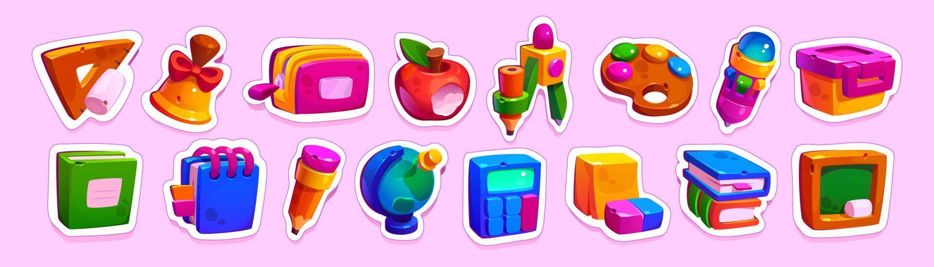 Icon stickers of school stationery, game objects vector