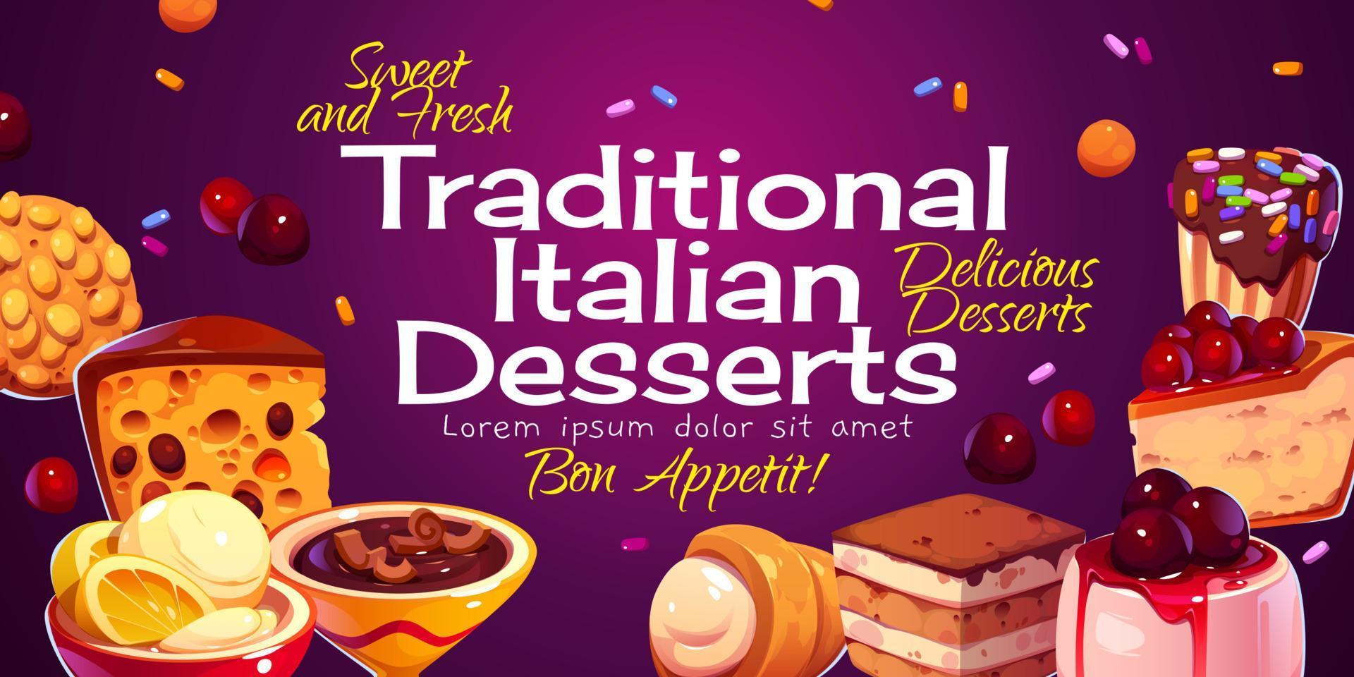 Italian desserts poster with cakes, tiramisu vector