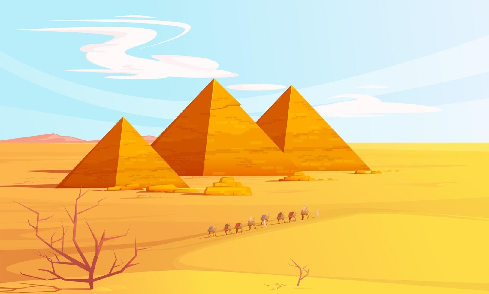 Desert landscape with egyptian pyramids and camels vector