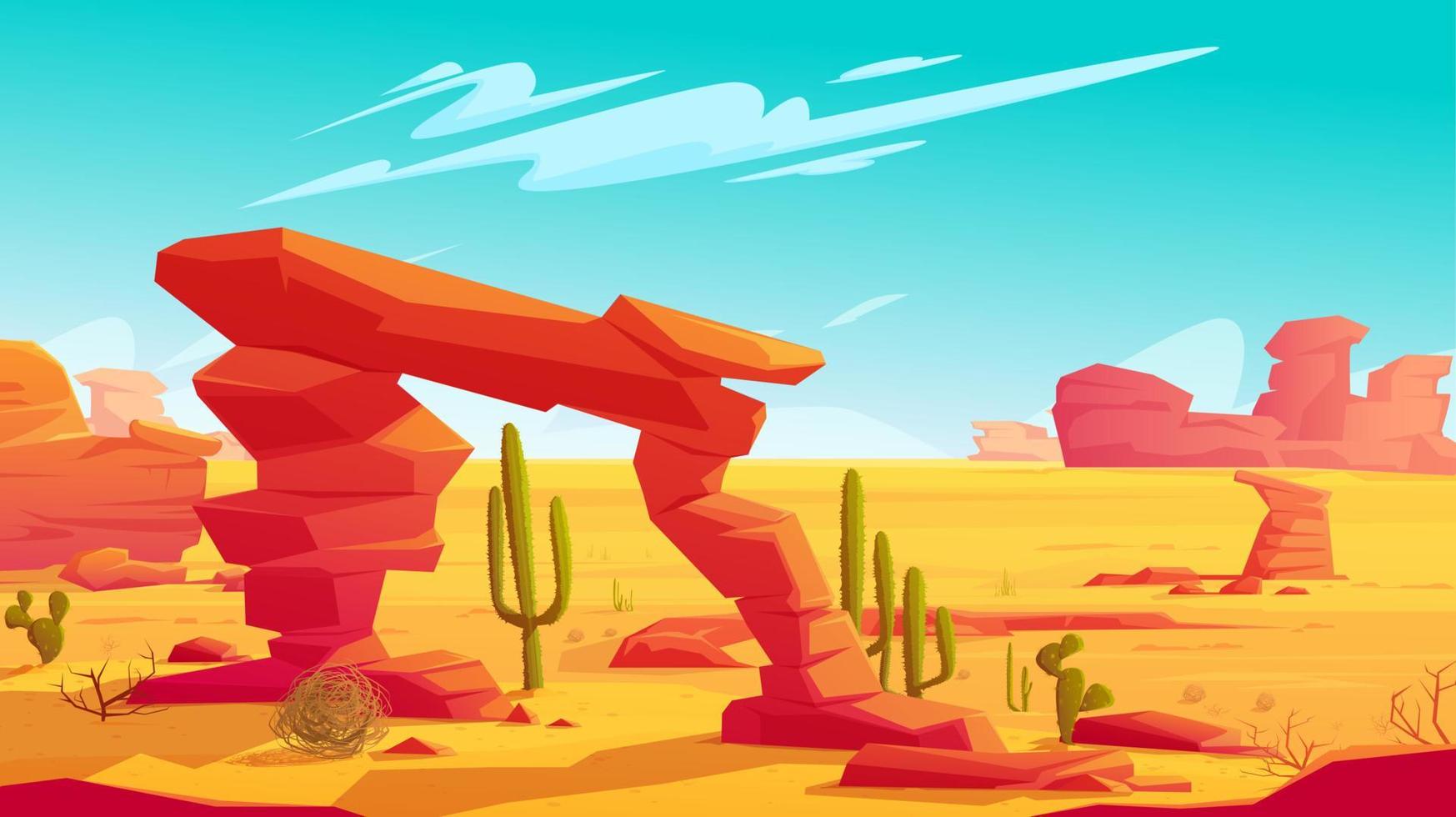 Desert arch and tumbleweed on natural landscape vector