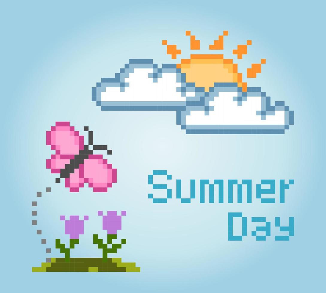 Pixel 8 bit summer theme. season in vector illustration.