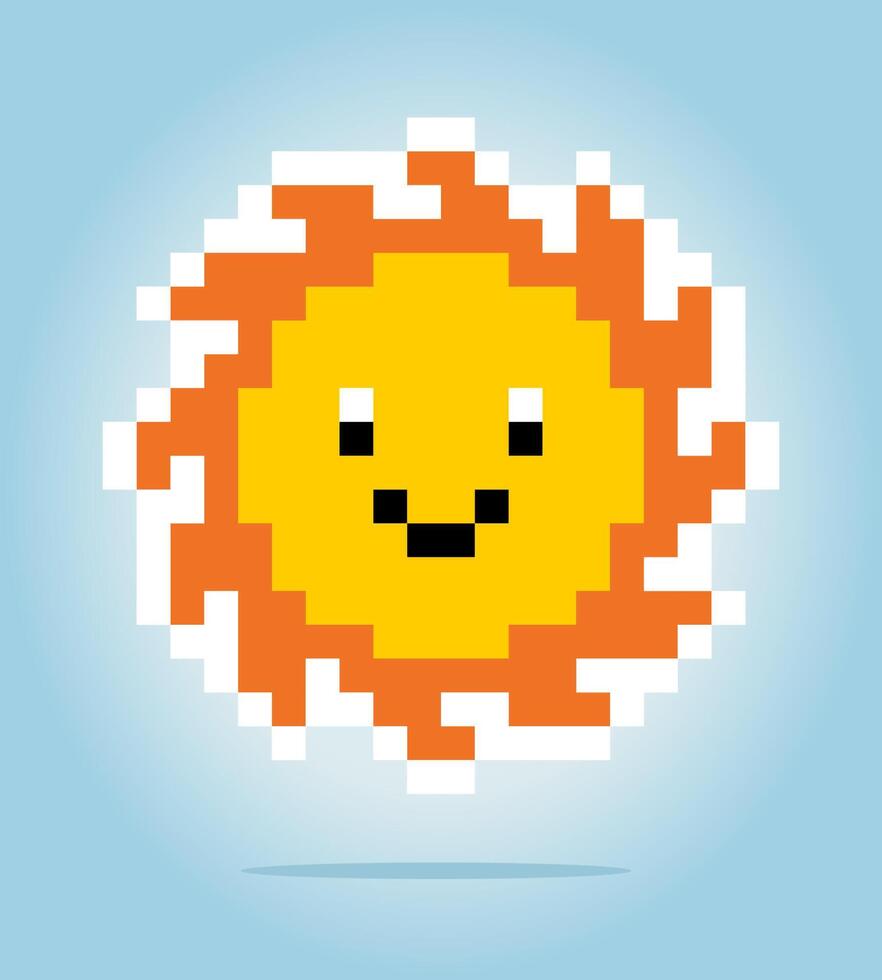 8 bit pixel of sun with face, for game assets and cross stitch patterns in vector illustrations.