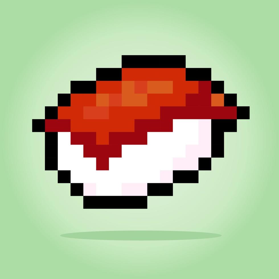 Sushi de píxeles de 8 bits. píxel de alimentos para activos de juego y patrones de punto de cruz en ilustraciones vectoriales. vector