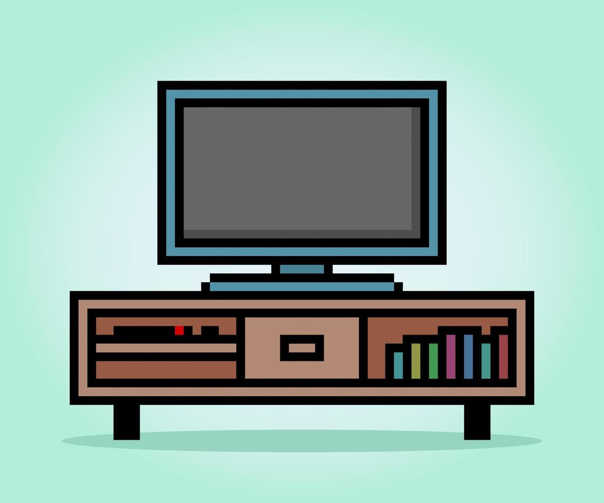 8 poco píxel moderno televisión en vector ilustración para juego activos. plano televisión en escritorio en píxel Arte.