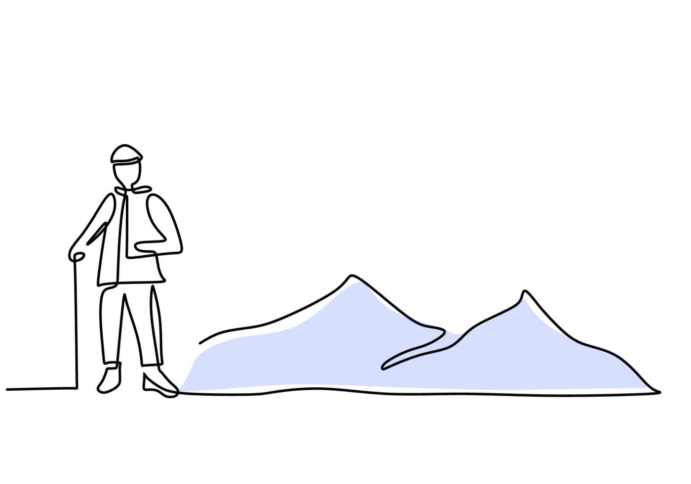 Hand drawing one single continuous line of man hiking vector