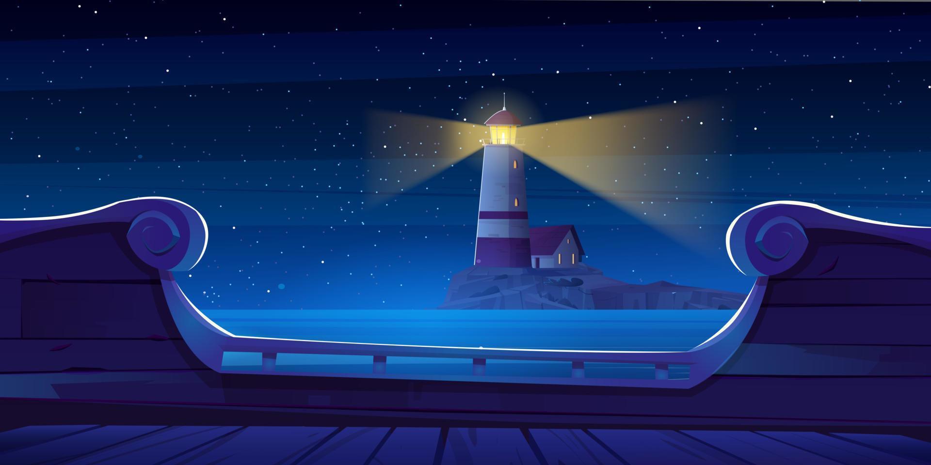 Sea night landscape, lighthouse, ship deck view vector